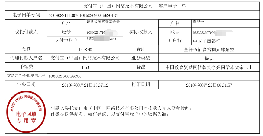 中国教育资助网转款给李娟同学的电子回单