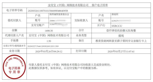 教育资助网给薛子萱同学转款的电子回单