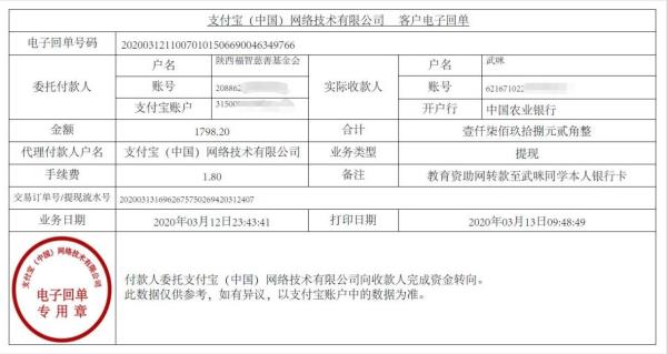 教育资助网转款给武咪同学的电子回单