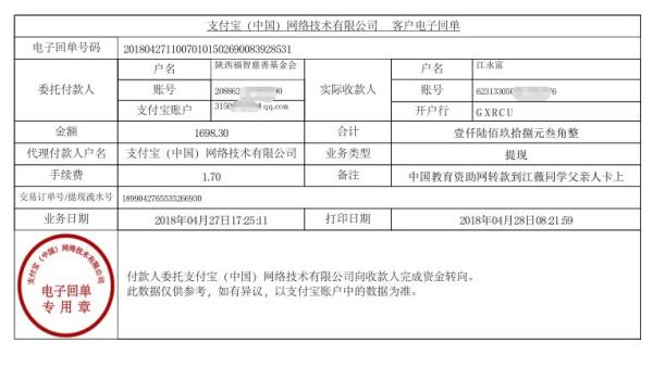 中国教育资助网给江薇同学转款的电子回单