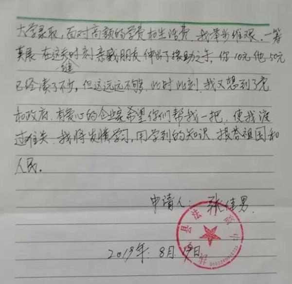 张佳男贫困申请书