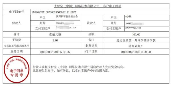 教育资助网退款给爱心人士的电子回单
