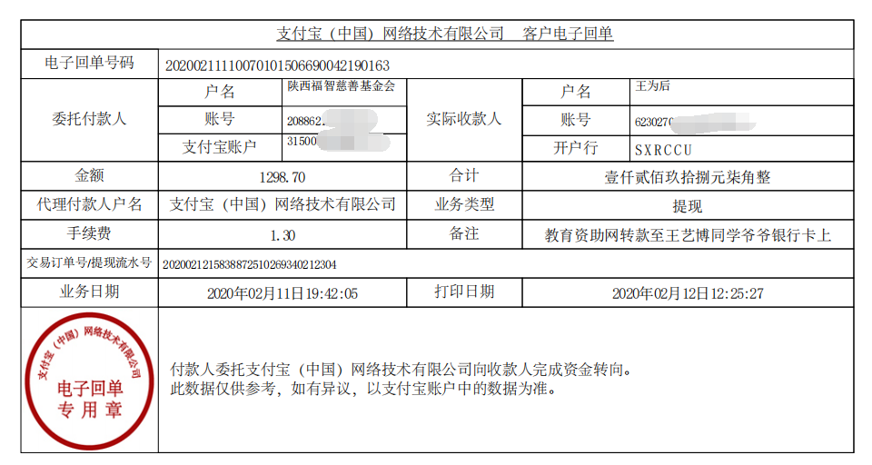 教育资助网给王艺博同学转款的电子回单