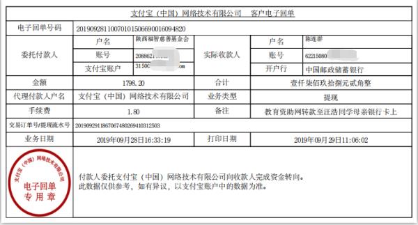 教育资助网转款给汪浩同学的电子回单