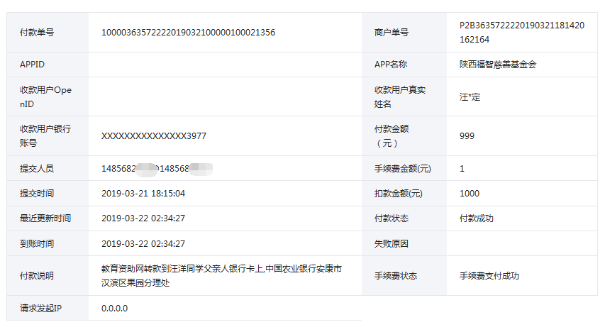 教育资助网给汪洋同学转款的电子回单