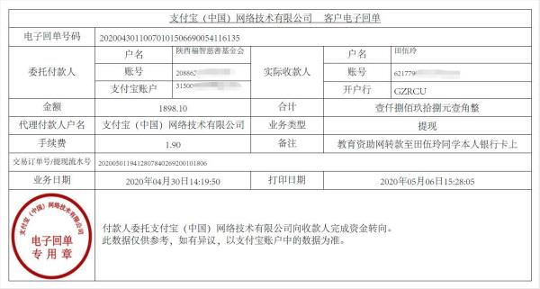 教育资助网给田伍玲同学转款的电子回单