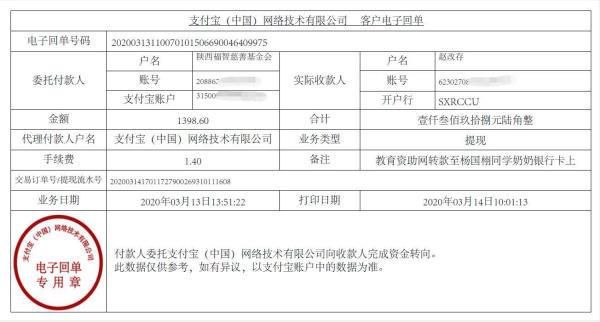 教育资助网给杨国栩同学转款的电子回单