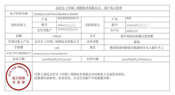 教育资助网转款给陈静同学的电子回单