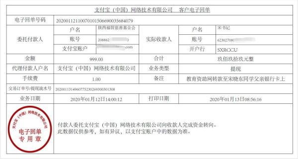 教育资助网转款给宋晓东同学的电子回单