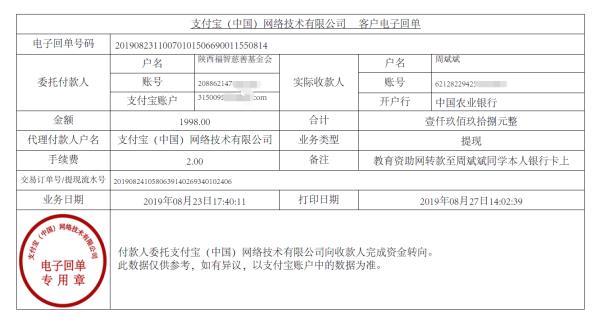 教育资助网转款给周斌斌的电子回单