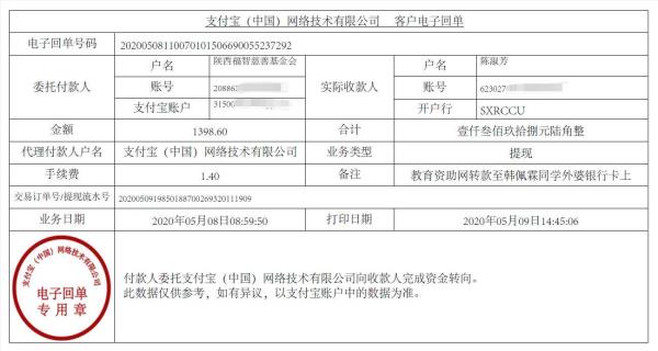教育资助网给韩佩霖同学转款的电子回单