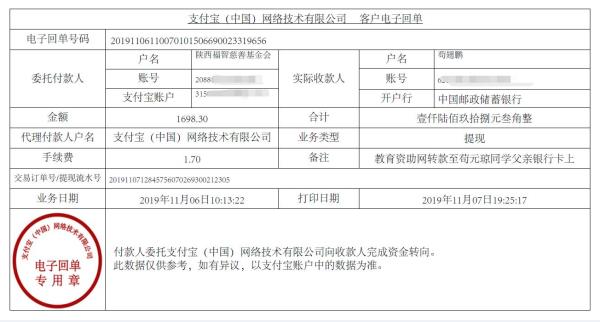 教育资助网转款给苟元琼同学的电子回单