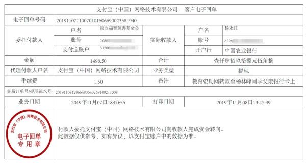教育资助网转款给杨林峰同学的电子回单