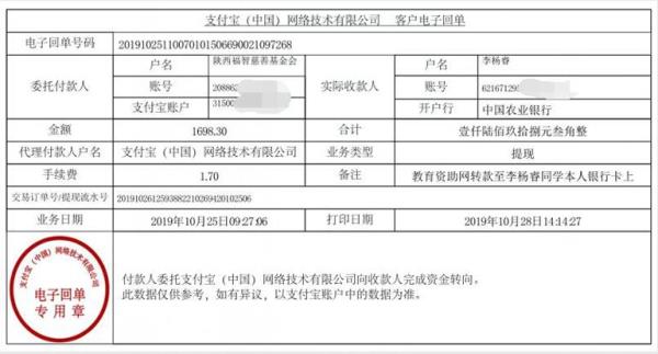 教育资助网转款给李杨睿同学的电子回单