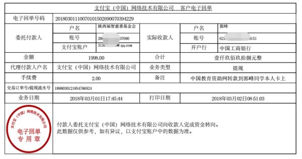 中国教育资助网给郭峰同学转款的电子回单