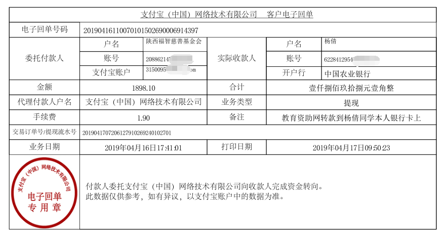 教育资助网给杨倩同学转款的电子回单