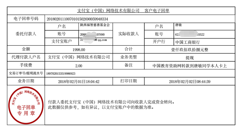 中国教育资助网唐敏同学转款的电子回单