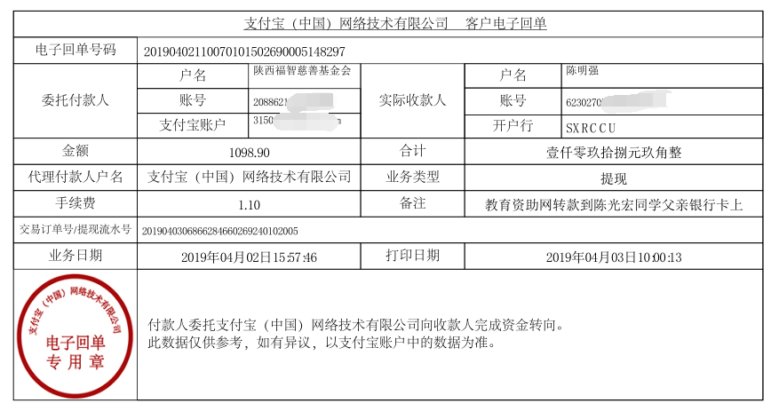 教育资助网给陈光宏同学转款的电子回答