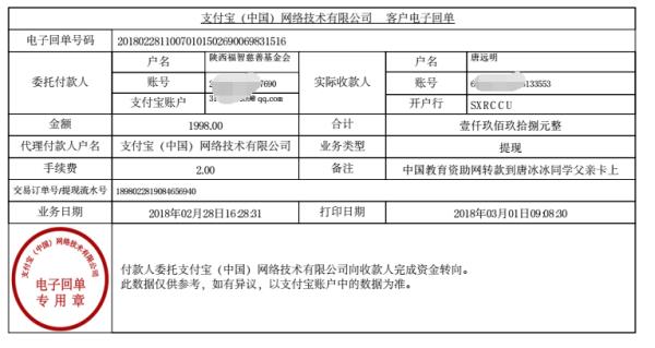 中国教育资助网给唐冰冰同学转款电子回单