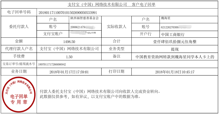 中国教育资助网转款给魏海星同学的电子回单