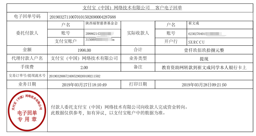 教育资助网给崔文成同学转款的电子回单