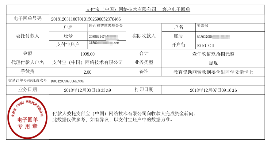 教育资助网给姜含甜同学转款的电子回单