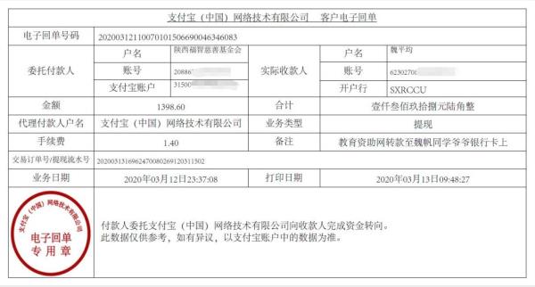 教育资助网转款给魏帆同学的电子回单