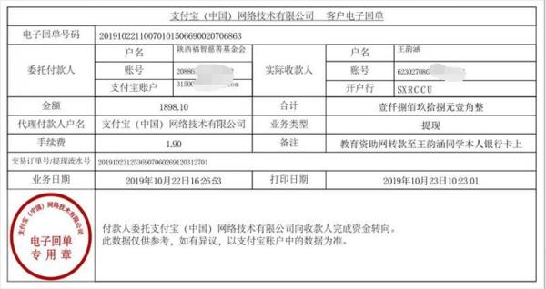 教育资助网转款给王韵涵同学的电子回单