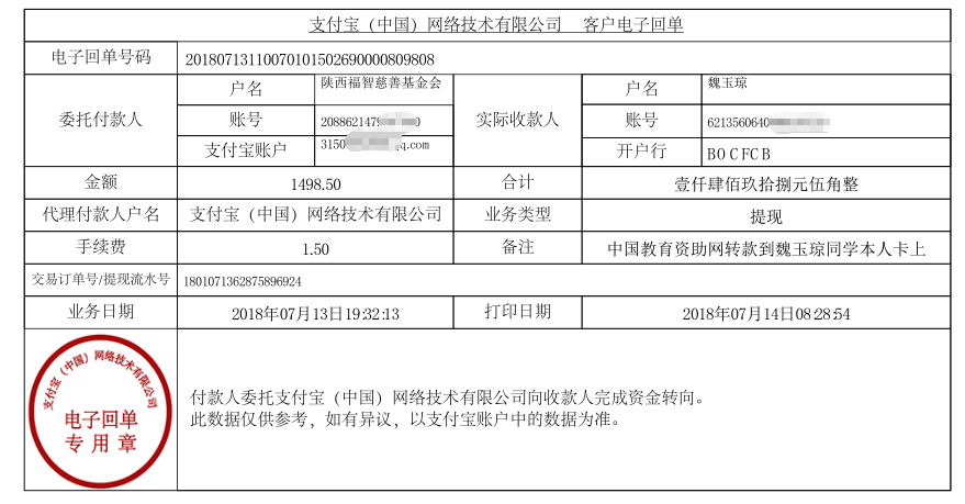 中国教育资助网给魏玉琼同学转款的电子回单