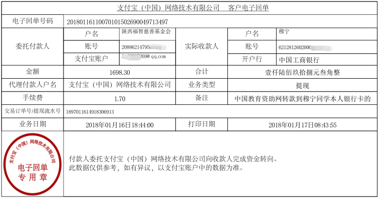 中国教育资助网转款给穆宁同学的电子回单