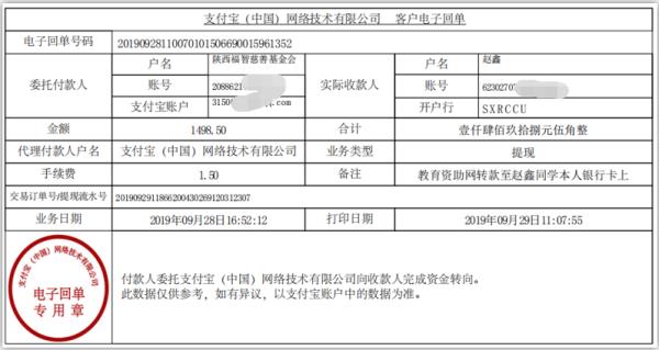 教育资助网转款给赵鑫同学的电子回单