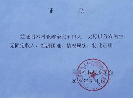 党娜贫困证明