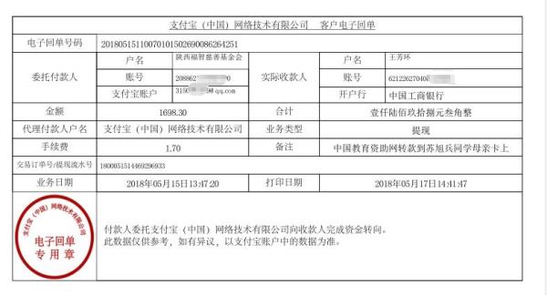 中国教育资助网给苏旭兵同学转款的电子回单