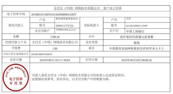 中国教育资助网给韦君同学转款的电子回单