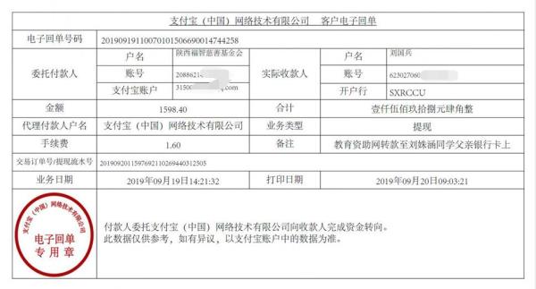 教育资助网转款给刘姝涵同学的电子回单