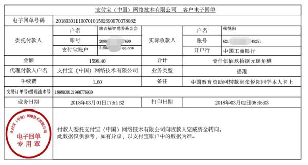 中国教育资助网给张悦阳同学转款的电子回单