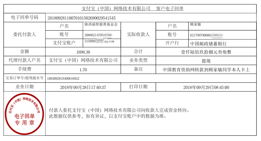 教育资助网给顾家敏同学转款的嗲子回单