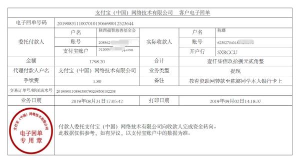 教育资助网转款给陈娜同学的电子回单