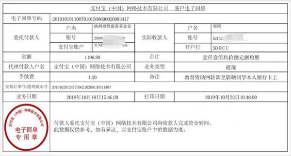 教育资助网转款给郭硕同学的电子回单
