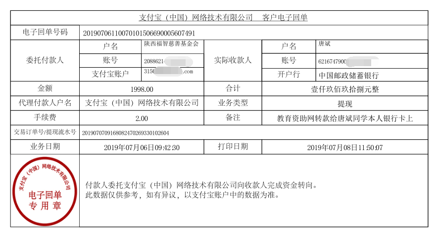 教育资助网给唐斌同学转款的电子回单