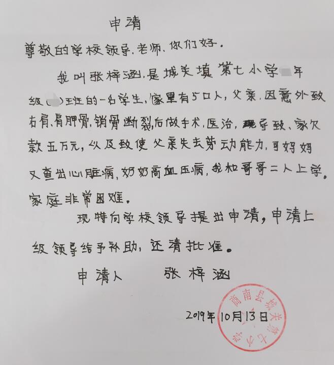 张梓涵贫困申请书